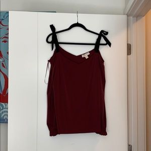 Cranberry slinky blouse w bows & ruched cuffs